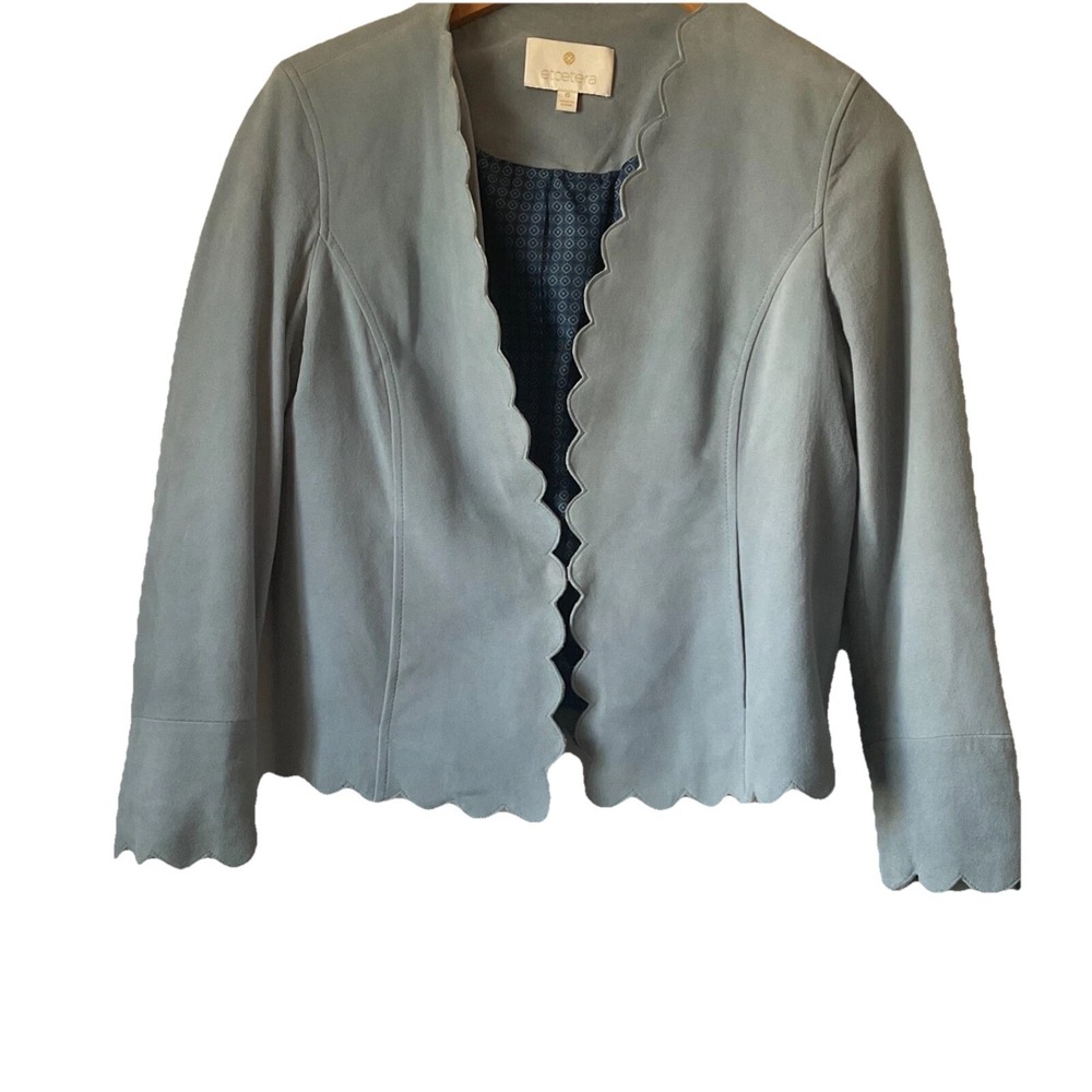 Etcetera Suede Cropped Jacket Scalloped Hem V-Neck Office Luxury Light Blue Sz 6